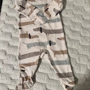 Baby Footed One-Piece with Dachshund Print - Neutral Stripes